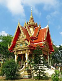 Low angle view of pagoda against sky