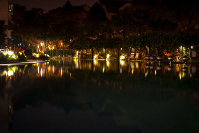 Reflection of trees in lake at night