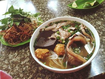 High angle view of soup in bowl on table