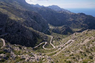 High angle view of winding road on mountain