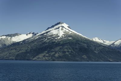 Scenic view of snowcapped mountains against clear blue sky