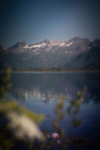 Scenic view of lake and snowcapped mountains against sky