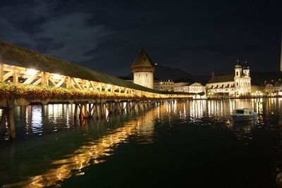 Reflection of illuminated buildings in water