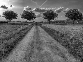 Road by trees on field against sky