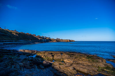 Scenic view of sea against clear blue sky