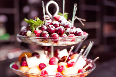 Close-up of strawberries in bowl on table