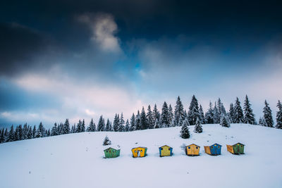 Cottages on snow covered landscape against sky