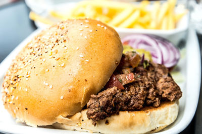 Close-up of burger in plate