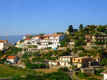 High angle view of townscape against clear blue sky