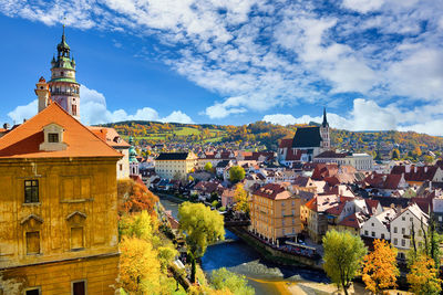 High angle view of buildings in city