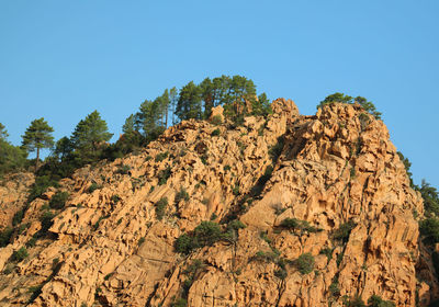 Low angle view of rocks against clear blue sky