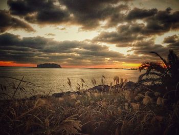 Scenic view of sea against dramatic sky