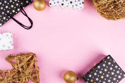 High angle view of pink candies on table