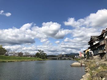 River by buildings against sky