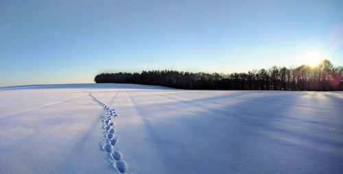 Scenic view of snow field against clear blue sky
