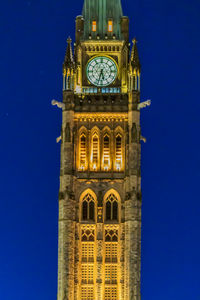 Clock tower of parliament, ottawa, ontario, canada at night during winter, blue hour shooting.