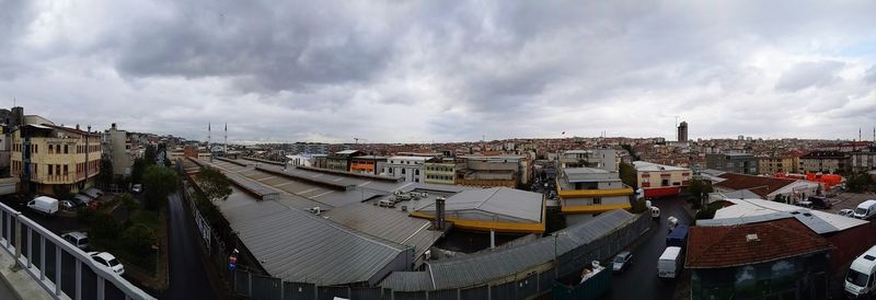 High angle view of buildings against sky