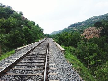 Railroad track amidst trees against sky