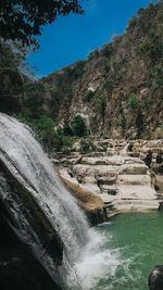 Scenic view of waterfall against sky