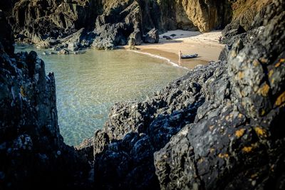 High angle view of rocks on beach