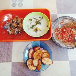 High angle view of breakfast served on table