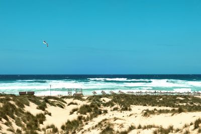 Scenic view of beach against clear blue sky