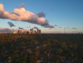 Panoramic view of cityscape against sky during sunset