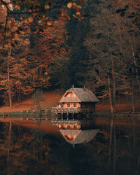 Built structure by lake in forest