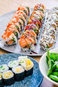 Close-up of sushi served in plate