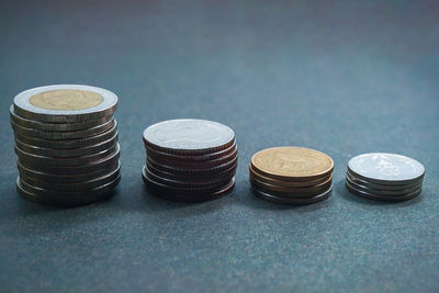 Close-up of coins on table