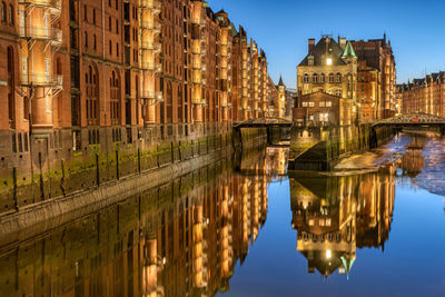 Old warehouses at the speicherstadt in hamburg, germany, at dusk