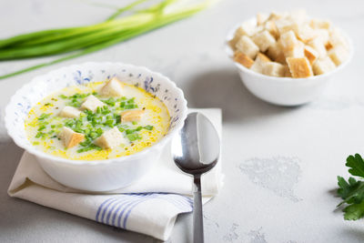 High angle view of soup in bowl on table