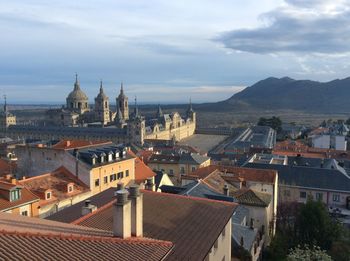 High angle view of townscape against sky in city