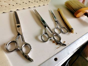 High angle view of objects on table