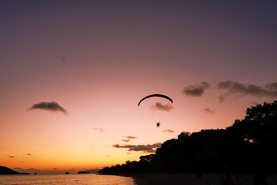 Silhouette people paragliding against sky during sunset