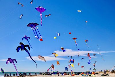 People flying kites at beach against blue sky