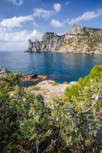 Southeast coast of crimea, mount karaul-oba and robbery bay, blue water and sky