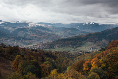 Scenic view of mountains against sky during autumn