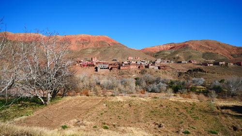 Houses by trees on field against sky