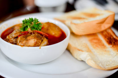 Close-up of food in plate on table