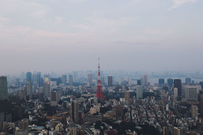 High angle view of cityscape against sky during sunset