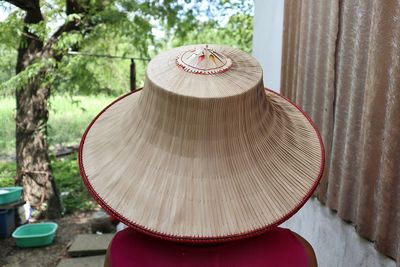 Rear view of person wearing hat against trees