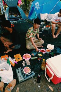 High angle view of people at market stall