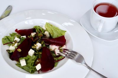 High angle view of breakfast served in plate