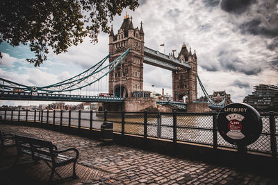 Bridge over river in city against cloudy sky