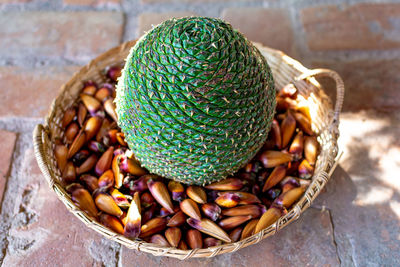 High angle view of eggs in basket on table