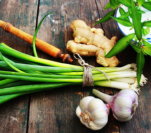 High angle view of vegetables on tables