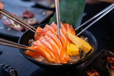 Close-up of seafood in cooking pan