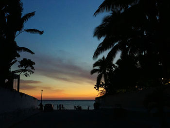 Silhouette palm trees on beach against sky at sunset