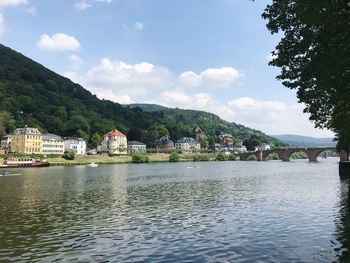 Scenic view of lake by buildings against sky